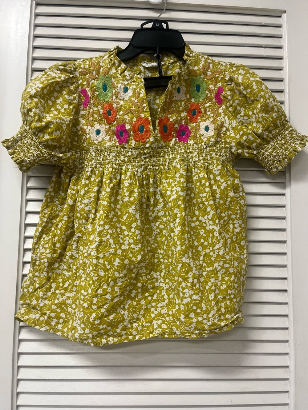 THML WOMEN Yellow Floral Embroidered Smocked Top